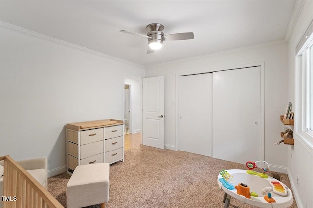 6609 Hunters Ln, Durham, NC 27713 - bedroom with a closet, crown molding, light colored carpet, and ceiling fan