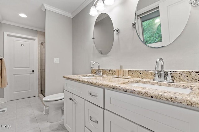 6609 Hunters Ln, Durham, NC 27713 - full bath with crown molding, a stall shower, marble finish flooring, double vanity, and recessed lighting