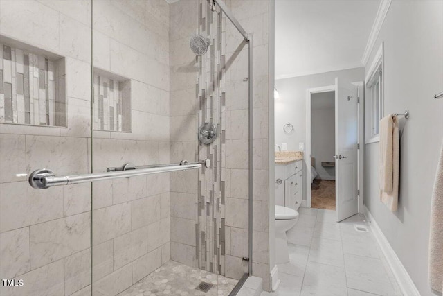 6609 Hunters Ln, Durham, NC 27713 - bathroom with ornamental molding, vanity, and a stall shower