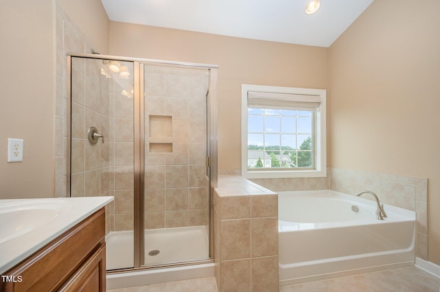 404 Panorama Park Pl, Cary, NC 27519 - full bathroom with a stall shower, vanity, a bath, and tile patterned flooring