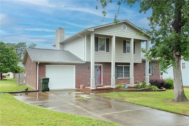 874 Santiato Dr, Fayetteville, NC 28314 - neoclassical home featuring a garage, brick siding, driveway, a chimney, and a front yard