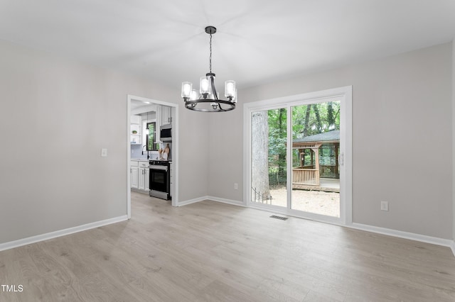 2905 Scuppernong Ln, Durham, NC 27703 - unfurnished dining area with a chandelier and light wood finished floors
