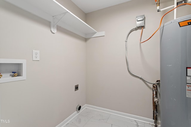 2905 Scuppernong Ln, Durham, NC 27703 - laundry room with hookup for a washing machine, electric dryer hookup, water heater, and light marble finish flooring