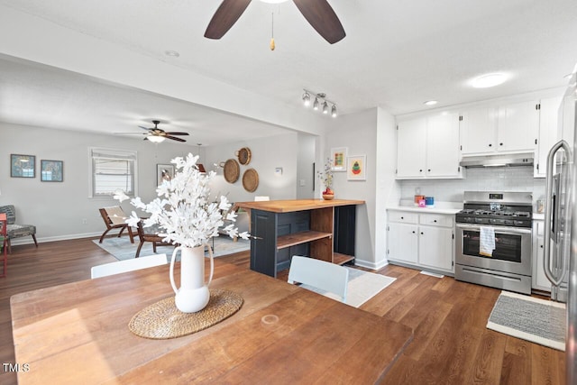 2322 Stroller Ave, Durham, NC 27705 - kitchen featuring stainless steel appliances, under cabinet range hood, dark wood-style flooring, ceiling fan, and white cabinets