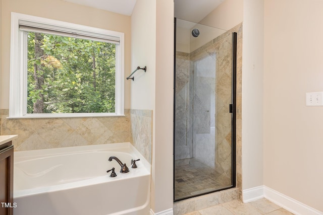 1304 Barnford Mill Rd, Wake Forest, NC 27587 - bathroom with vanity, a bath, and a shower stall