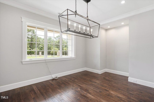 2508 Kearney Rd, Wake Forest, NC 27587 - unfurnished dining area featuring plenty of natural light, ornamental molding, dark wood finished floors, recessed lighting, and a chandelier
