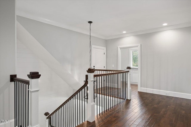 2508 Kearney Rd, Wake Forest, NC 27587 - stairs featuring wood-type flooring, crown molding, and recessed lighting