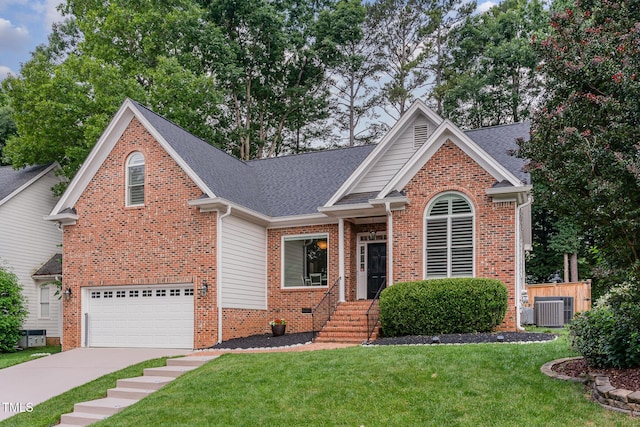 6313 Belle Crest Dr, Raleigh, NC 27612 - traditional-style home with an attached garage, brick siding, driveway, a front lawn, and a shingled roof