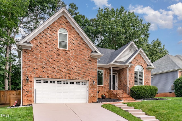 6313 Belle Crest Dr, Raleigh, NC 27612 - traditional home featuring concrete driveway, brick siding, and an attached garage