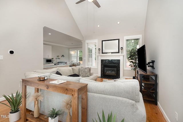 6313 Belle Crest Dr, Raleigh, NC 27612 - living area with a ceiling fan, a premium fireplace, light wood-type flooring, recessed lighting, and high vaulted ceiling