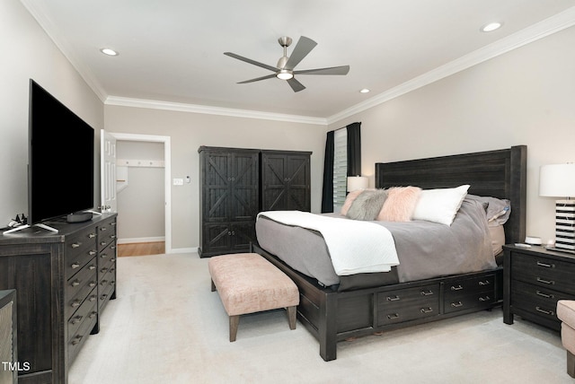 6313 Belle Crest Dr, Raleigh, NC 27612 - bedroom featuring crown molding, a ceiling fan, light carpet, and recessed lighting