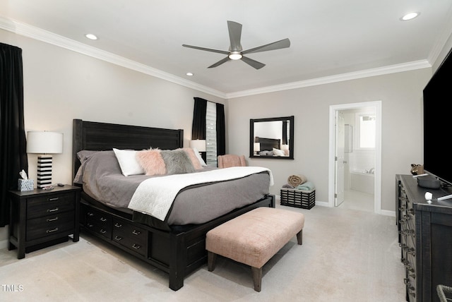6313 Belle Crest Dr, Raleigh, NC 27612 - bedroom with crown molding, light carpet, recessed lighting, a ceiling fan, and ensuite bathroom
