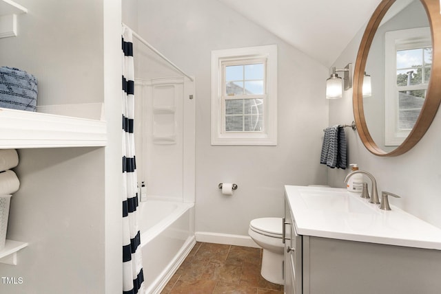 6313 Belle Crest Dr, Raleigh, NC 27612 - bathroom with lofted ceiling, vanity, and shower / bath combo with shower curtain