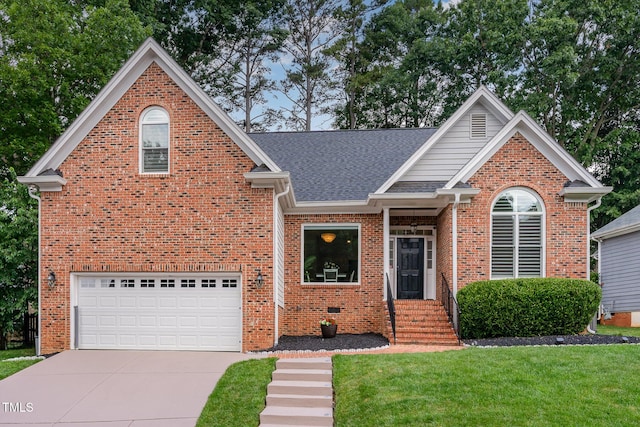 6313 Belle Crest Dr, Raleigh, NC 27612 - traditional home featuring concrete driveway, brick siding, an attached garage, a front lawn, and roof with shingles