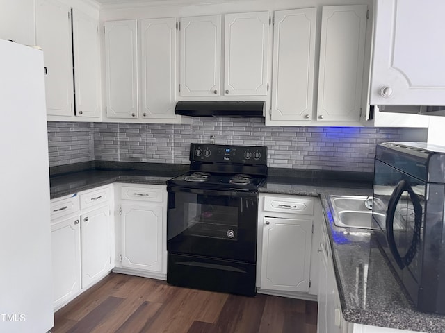 3624 Meadow Creek Ln, Raleigh, NC 27616 - kitchen featuring black appliances, under cabinet range hood, white cabinets, and dark countertops