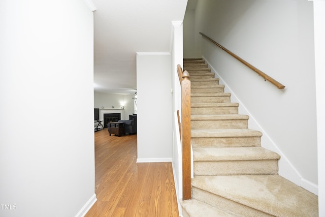 146 Greenmont Ln, Cary, NC 27511 - staircase with wood finished floors, a fireplace, and ornamental molding