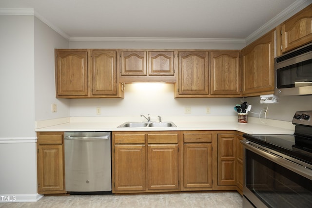 146 Greenmont Ln, Cary, NC 27511 - kitchen featuring appliances with stainless steel finishes, ornamental molding, light countertops, and brown cabinets
