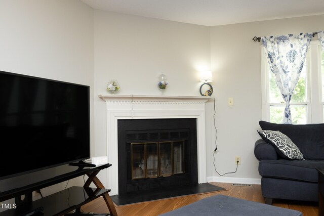 146 Greenmont Ln, Cary, NC 27511 - living area featuring a glass covered fireplace and wood finished floors