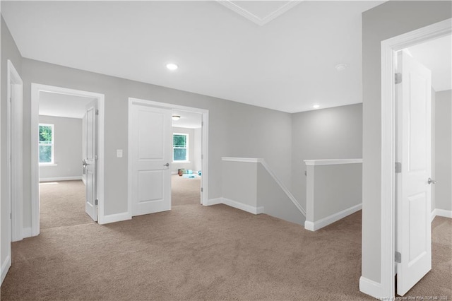 66 S Hawks Ridge Ln, Smithfield, NC 27577 - hall with an upstairs landing, carpet flooring, plenty of natural light, and recessed lighting