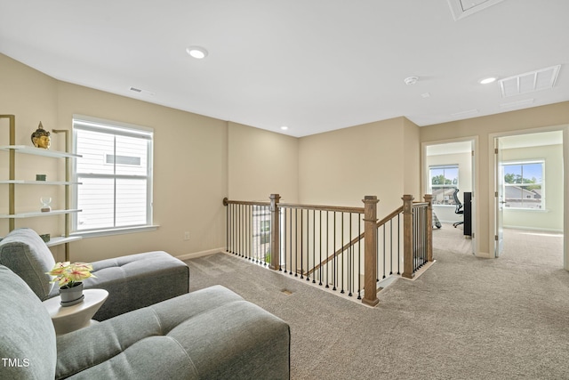 364 Abbots Mill Dr, Raleigh, NC 27603 - living area featuring attic access, carpet flooring, recessed lighting, and an upstairs landing