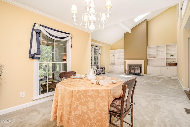 384 Lyndfield Cl W, Pittsboro, NC 27312 - dining space with carpet floors, a chandelier, high vaulted ceiling, a glass covered fireplace, and beam ceiling