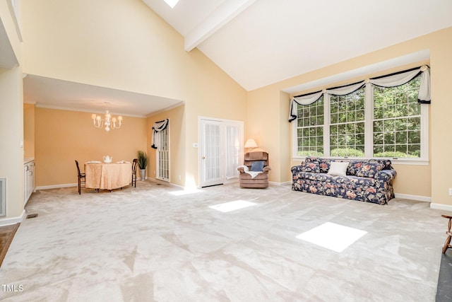 384 Lyndfield Cl W, Pittsboro, NC 27312 - living area with high vaulted ceiling, a chandelier, beam ceiling, and carpet flooring
