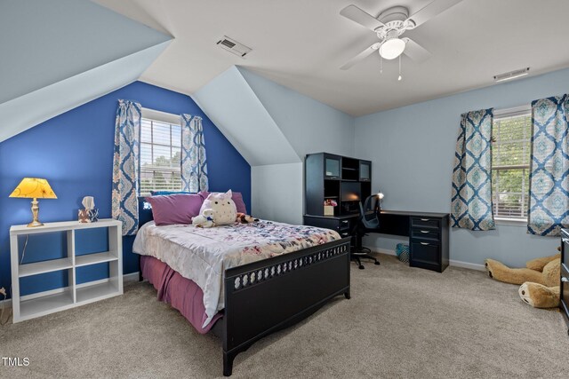 15 Smoketree Ct, Durham, NC 27712 - bedroom with multiple windows, carpet flooring, lofted ceiling, a ceiling fan, and an office area