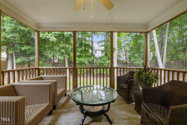 15 Smoketree Ct, Durham, NC 27712 - wooden deck with a ceiling fan, a fenced backyard, and outdoor dining area