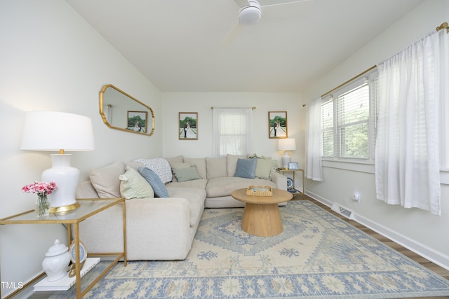 2320 Marks Creek Rd, Knightdale, NC 27545 - living area with a ceiling fan and wood finished floors