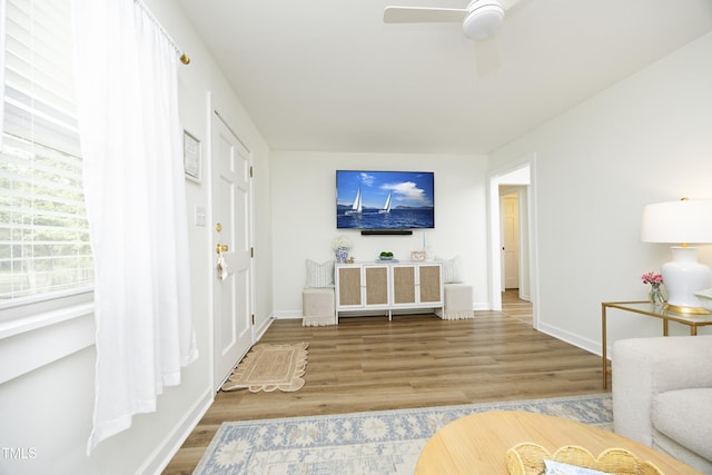 2320 Marks Creek Rd, Knightdale, NC 27545 - living room with wood finished floors and ceiling fan