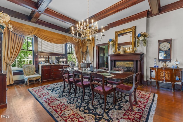 309 W Divine St, Dunn, NC 28334 - dining area featuring a chandelier, hardwood / wood-style flooring, coffered ceiling, beamed ceiling, and ornamental molding