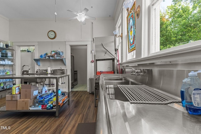 309 W Divine St, Dunn, NC 28334 - kitchen with stainless steel counters, ornamental molding, ceiling fan, wood finished floors, and a high ceiling