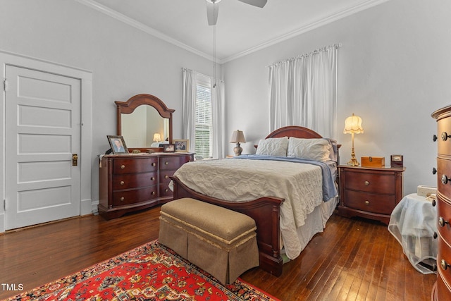 309 W Divine St, Dunn, NC 28334 - bedroom featuring dark wood-style flooring, ornamental molding, and ceiling fan