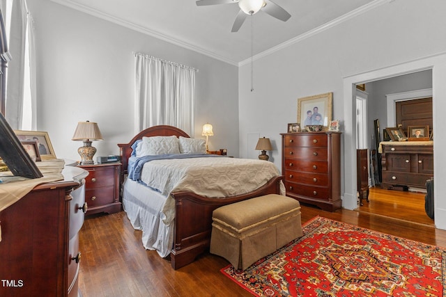 309 W Divine St, Dunn, NC 28334 - bedroom featuring dark wood-style floors, crown molding, and ceiling fan