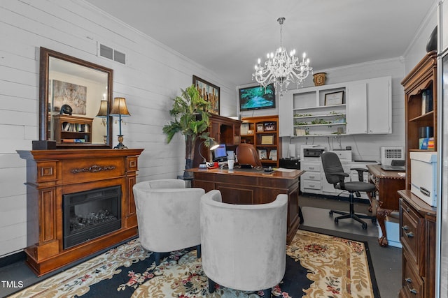 309 W Divine St, Dunn, NC 28334 - office featuring a chandelier, crown molding, a fireplace, and wood walls