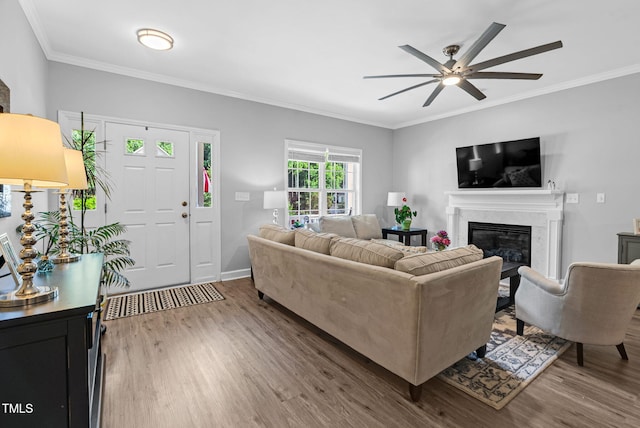 200 Holly Branch Dr, Holly Springs, NC 27540 - living area with wood finished floors, a ceiling fan, a fireplace, and crown molding