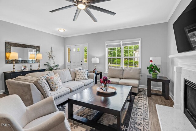 200 Holly Branch Dr, Holly Springs, NC 27540 - living area featuring a ceiling fan, wood finished floors, a high end fireplace, and ornamental molding