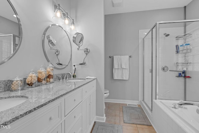 200 Holly Branch Dr, Holly Springs, NC 27540 - bathroom with a shower stall, double vanity, a bath, and tile patterned floors