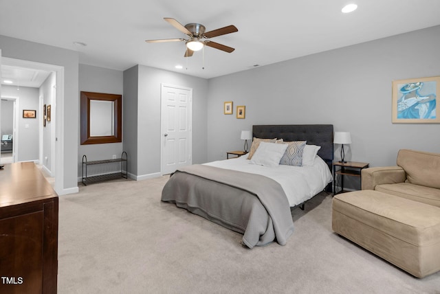 200 Holly Branch Dr, Holly Springs, NC 27540 - bedroom with attic access, light colored carpet, recessed lighting, and a ceiling fan
