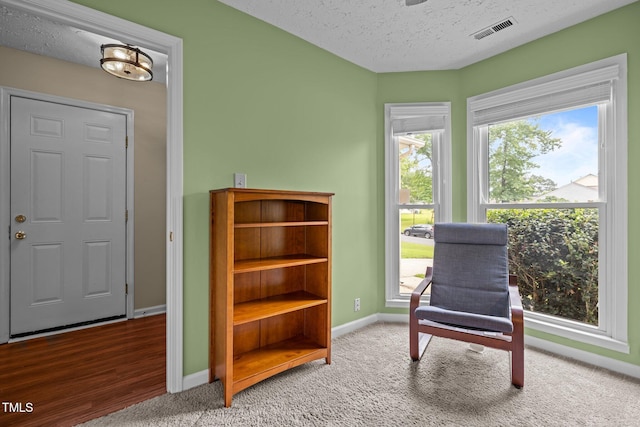 5801 Hadrian Dr, Durham, NC 27703 - living area featuring a textured ceiling and carpet floors