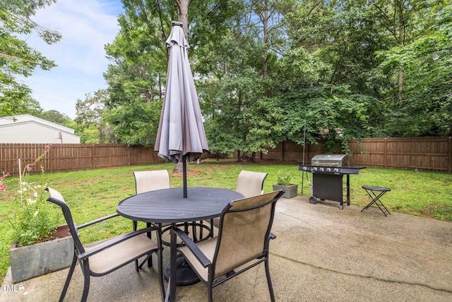 5801 Hadrian Dr, Durham, NC 27703 - fenced backyard featuring a patio area, outdoor dining space, and area for grilling