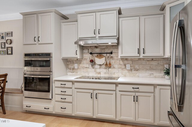 5637 Garnet Meadow Rd, Knightdale, NC 27545 - kitchen with appliances with stainless steel finishes, under cabinet range hood, light countertops, tasteful backsplash, and a wainscoted wall