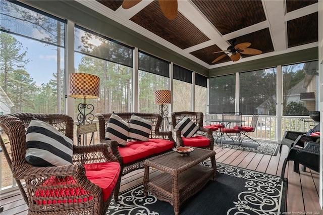 60 Rolling Pines Dr, Spring Lake, NC 28390 - sunroom / solarium with a ceiling fan, coffered ceiling, beam ceiling, outdoor lounge area, and healthy amount of natural light