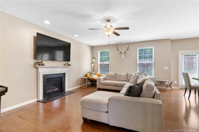18 Hallow Oak St, Spring Lake, NC 28390 - living area featuring a ceiling fan, wood finished floors, baseboards, and recessed lighting