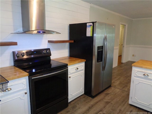 711 Fairview St, Fayetteville, NC 28312 - kitchen with black electric range oven, wooden counters, island range hood, stainless steel fridge with ice dispenser, and crown molding