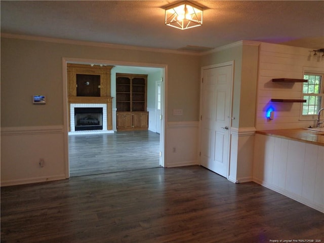 711 Fairview St, Fayetteville, NC 28312 - unfurnished dining area featuring dark wood-type flooring, a fireplace, ornamental molding, a textured ceiling, and a sink