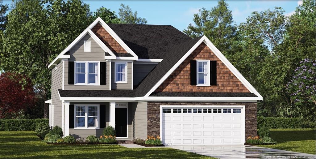 3342 Scotscraig Rd, Fayetteville, NC 28306 - craftsman inspired home with concrete driveway, a front yard, a garage, and roof with shingles