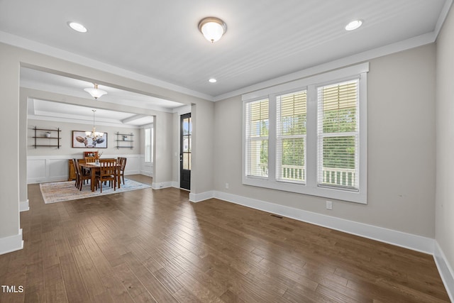 7410 Chouder Ln, Wake Forest, NC 27587 - living room featuring a chandelier, dark wood finished floors, crown molding, and recessed lighting