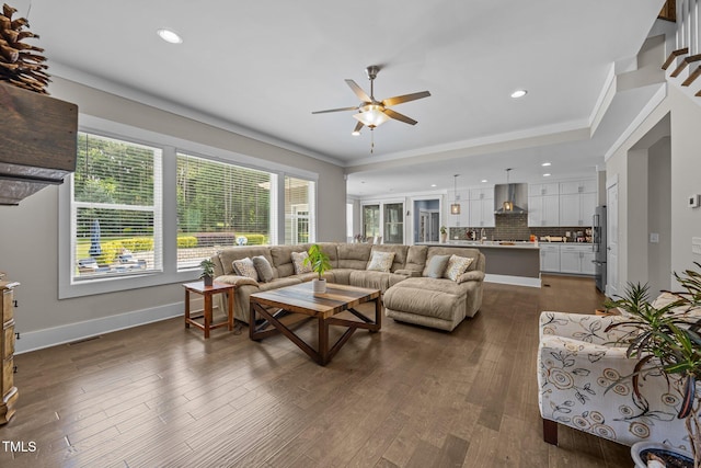 7410 Chouder Ln, Wake Forest, NC 27587 - living room featuring ceiling fan, recessed lighting, crown molding, and dark wood finished floors