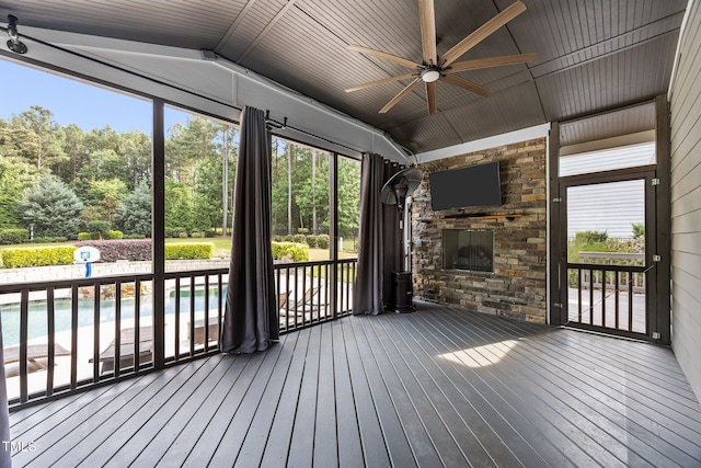 7410 Chouder Ln, Wake Forest, NC 27587 - unfurnished sunroom with ceiling fan and lofted ceiling